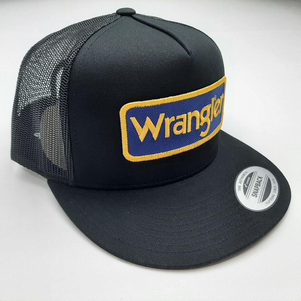 Wrangler Embroidered Vintage Patch Flat Bill Mesh Snapback Trucker Hat Cap Black - Picture 3 of 4